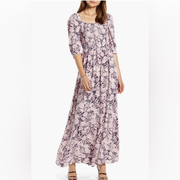 Something Navy Smocked Puff Sleeve Navy‎ Pink Floral Maxi Dress Size X-Small - Picture 1 of 11